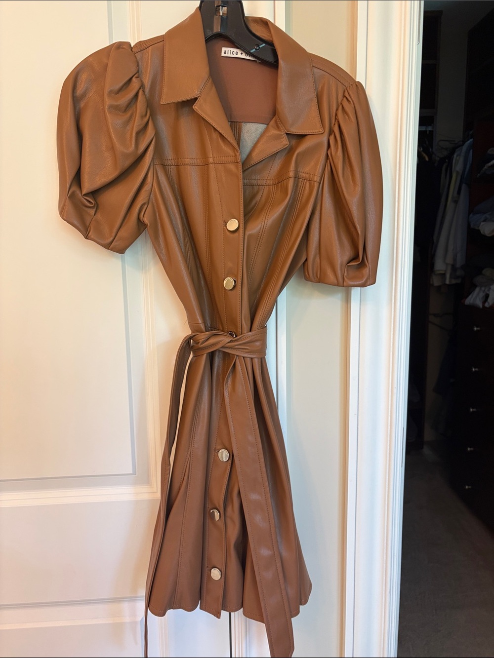 Alice + Olivia Tan Faux-Leather Puff-Sleeve Mini Dress